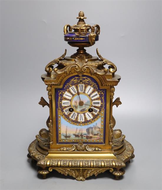 A French ormolu and sevres style porcelain mounted mantel clock, late 19th century, 31.5cm high